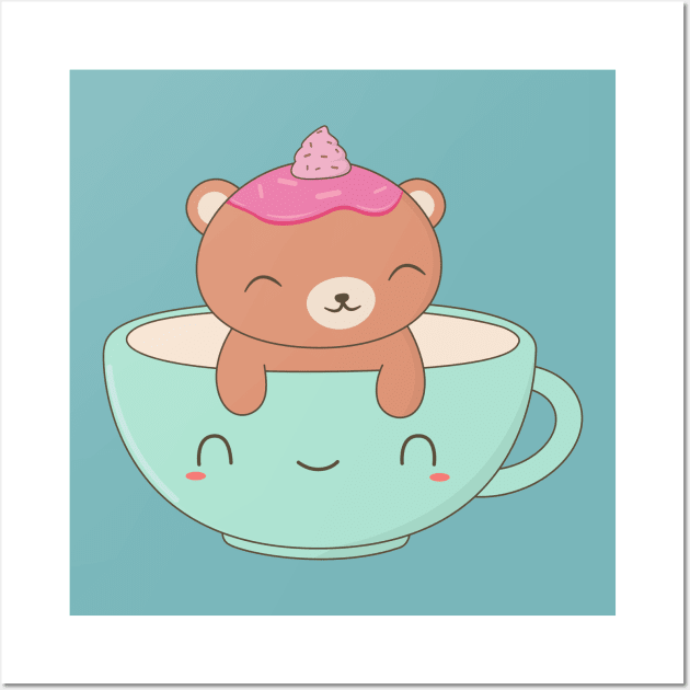 Kawaii Brown Bear Coffee Lover T-Shirt Wall Art by happinessinatee